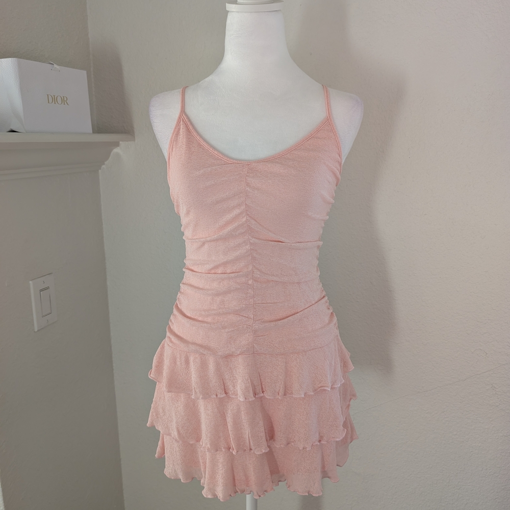 Woman's Pink Ruched And Ruffled Dress